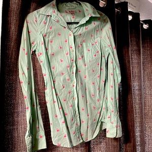 Mint green button down shirt with pink flamingos size x small